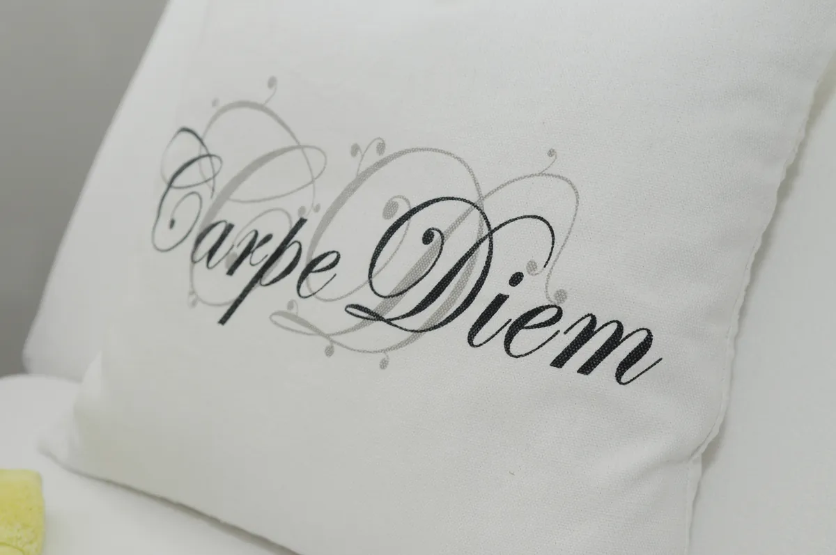 Kissen mit Carpe-Diem-Schriftzug